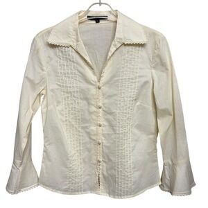 NWOT Antonio Melani Womens XS‎ Cream Cotton Lace Trim Pintuck Bell Sleeve Blouse